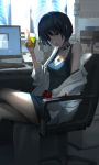  bangs belt black_hair breasts brown_eyes cleavage collar computer crossed_legs desk dress drink head_tilt highres labcoat looking_at_viewer off_shoulder persona persona_5 short_dress short_hair sitting small_breasts solo studded_belt studded_collar takemi_tae vafar7 