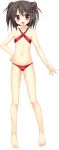  absurdres ass_visible_through_thighs barefoot bikini blush brown_hair cabbage_soft covered_nipples criss-cross_halter double_bun eyebrows_visible_through_hair fang full_body hair_ornament hairclip halterneck hand_on_hip highres hoshikoi_tinkle korie_riko looking_at_viewer narusegawa_nagi navel official_art open_mouth red_bikini red_eyes short_hair skinny solo swimsuit transparent_background 