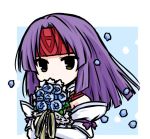  alternate_costume blue_flower bouquet commentary_request dress fire_emblem fire_emblem:_souen_no_kiseki fire_emblem_heroes flower headband holding holding_bouquet long_sleeves medium_hair petals purple_hair purple_ribbon red_headband ribbon sanaki_kirsch_altina solo tenmaru upper_body wedding_dress white_dress 