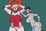  2017 android areola baby_(fnafsl) ballora_(fnafsl) bedroom_eyes big_breasts big_butt blue_hair blush breasts butt crisis-omega digital_media_(artwork) duo female five_nights_at_freddy&#039;s green_eyes hair half-closed_eyes huge_breasts humanoid looking_at_viewer machine nipples not_furry nude open_mouth orange_hair ponytails presenting presenting_hindquarters pussy red_hair robot seductive simple_background smile thick_thighs video_games wide_hips 