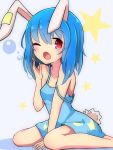  absurdres animal_ears bangs between_legs blue_hair blush bunny_ears bunny_tail eyebrows_visible_through_hair hand_between_legs highres inon looking_at_viewer one_eye_closed open_mouth red_eyes seiran_(touhou) sitting solo star strap_slip tail tears touhou wariza yawning 