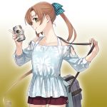  akigumo_(kantai_collection) alcohol bag bare_shoulders beer beer_can bow brown_hair can collarbone commentary_request cowboy_shot fujikawa gradient gradient_background green_eyes hair_bow hands_up holding holding_can kantai_collection long_hair long_ponytail looking_at_viewer machinery official_art polka_dot polka_dot_bow ponytail profile red_shorts rigging satchel shorts smile solo 