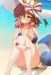  animal_ears bikini blue_bikini breasts cleavage collarbone day ears_through_headwear fate/grand_order fate_(series) fox_ears hat highres innertube large_breasts looking_at_viewer ocean outdoors pink_hair pixiv_fate/grand_order_contest_2 side-tie_bikini sitting solo sun_hat swimsuit tamamo_(fate)_(all) tamamo_no_mae_(swimsuit_lancer)_(fate) yahoo0124 yellow_eyes 