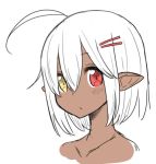  ahoge closed_mouth dark_skin elf hair_ornament hairclip heterochromia looking_at_viewer malice-chan_(malice_stella) malice_stella nude original pointy_ears portrait red_eyes simple_background solo white_background white_hair yellow_eyes 