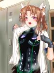  black_gloves bodysuit breasts brown_hair gloves highres kagerou_(kantai_collection) kantai_collection latex latex_bodysuit locker locker_room looking_down open_clothes open_mouth open_shirt parazan_d purple_eyes ribbon shelf shiny skin_tight sweat tentacle_clothes twintails white_ribbon 