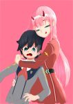  1boy 1girl arfelred bangs black_hair blue_eyes couple darling_in_the_franxx eyebrows_visible_through_hair fringe green_eyes hair_ornament hairband hetero hiro_(darling_in_the_franxx) horns hug_from_behind lipstick long_hair long_sleeves military military_uniform necktie oni_horns pink_hair red_horns red_neckwear short_hair tongue tongue_out uniform white_hairband zero_two_(darling_in_the_franxx) 