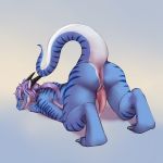  2018 all_fours amber_eyes animal_genitalia anthro anus blue_skin butt claws deessel digital_media_(artwork) dragon erection genital_slit hair horn inviting long_hair looking_at_viewer looking_back male markings nude penis precum presenting presenting_hindquarters rear_view simple_background slit smile solo spreading white_skin zeezy_(character) 