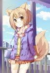  animal_ears bag blue_sky box brown_hair building chaakusu cityscape cloud commentary_request day ear_piercing fence fennery_(show_by_rock!!) fox_ears fox_tail frilled_skirt frills handbag highres hood hooded_jacket jacket light_brown_hair miniskirt multicolored_hair open_clothes open_jacket orange_eyes piercing scarf short_hair show_by_rock!! skirt sky streaked_hair sweater tail thighhighs two-tone_hair zettai_ryouiki 