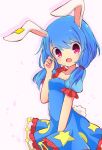  animal_ears bangs blue_hair blush bunny_ears bunny_tail dress eyebrows_visible_through_hair hand_up highres inon looking_at_viewer low_twintails open_mouth pink_eyes puffy_short_sleeves puffy_sleeves seiran_(touhou) short_sleeves solo star tail touhou twintails 