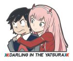  1boy 1girl bangs black_hair blue_eyes caesar_e.s. couple darling_in_the_franxx eyebrows_visible_through_hair fringe green_eyes hair_ornament hairband hetero hiro_(darling_in_the_franxx) horns hug hug_from_behind long_hair long_sleeves looking_at_another military military_uniform necktie oni_horns orange_neckwear pink_hair red_horns red_neckwear short_hair sweatdrop uniform white_hairband zero_two_(darling_in_the_franxx) 