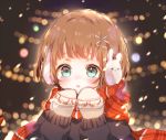  :o b_rock bad_id bad_pixiv_id brown_hair commentary_request green_eyes hair_ornament hairclip hands_up light_particles long_sleeves looking_at_viewer mittens original red_scarf scarf short_hair solo x_hair_ornament 