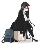  alternate_costume backpack bag battleship_hime black_hair black_nails breasts commentary_request formal hi_ye high_heels horns kantai_collection large_breasts long_hair nail_polish office_lady pale_skin red_eyes shinkaisei-kan shoe_removed shoes single_shoe sitting solo suit very_long_hair white_background white_skin 