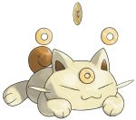  closed_eyes coin commentary creature english_commentary etherealhaze full_body koonya lying no_humans on_stomach pokemon pokemon_(creature) pokemon_gsc_beta solo sugimori_ken_(style) transparent_background white_cat 