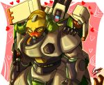  2017 absurd_res bastion_(overwatch) blush clothed clothing cresc3 digital_media_(artwork) duo female hi_res humanoid machine not_furry omnic orisa_(overwatch) overwatch ranged_weapon robot simple_background superabsurd_res video_games weapon 