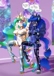  2018 absurd_res anthro anthrofied bikini blush boots brainwashing breasts cleavage clothed clothing collar dialogue duo earbuds english_text equine female footwear friendship_is_magic headphones hi_res high_heels horn hypnosis kandlin mammal mind_control my_little_pony ponytail princess_celestia_(mlp) princess_luna_(mlp) sex_toy shoes sibling sisters sweat swimsuit text vibrator winged_unicorn wings 