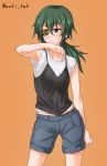  alternate_costume alternate_hairstyle anti_(untea9) armpit_peek black_blouse blouse casual commentary_request cowboy_shot denim denim_shorts eyepatch frown green_eyes green_hair grey_shorts hair_between_eyes highres kantai_collection kiso_(kantai_collection) long_hair low_ponytail no_hat no_headwear orange_background ponytail shirt shorts simple_background solo sweat twitter_username white_shirt wiping_face 