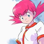  2018 akane_(pokemon) bangs blue_eyes breasts closed_mouth dated eyebrows_visible_through_hair gym_leader highres looking_down medium_breasts muneondo pink_hair pokemon pokemon_(game) pokemon_gsc shirt short_sleeves simple_background smile solo twintails upper_body white_background white_shirt 