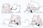  :d ^_^ animal animal_ears animal_on_head bangs black_choker cat cat_ears cat_on_head cat_on_person choker closed_eyes comic dress face-to-face grey_background grey_hair hair_between_eyes koneko_mari long_sleeves lying on_back on_head on_stomach open_mouth original purple_eyes sleeves_past_wrists smile white_cat white_dress 