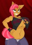  2018 anthro anthrofied armband babs_seed_(mlp) big_breasts breasts cleavage clothed clothing cutting digital_media_(artwork) earth_pony english_text equine female fingerless_gloves freckles friendship_is_magic gloves green_eyes hair half-closed_eyes hi_res horse jeans jrvanesbroek looking_at_viewer mammal multicolored_hair my_little_pony navel nipple_bulge pants pony pot_belly red_hair scissord shirt slightly_chubby smile solo tank_top text two_tone_hair unbuttoned under_boob 