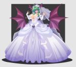  1girl breasts bridal_gauntlets bridal_veil bride choker cleavage demon_girl demon_wings great_magami green_hair hair_ornament head_wings huge_breasts looking_at_viewer morrigan_aensland open_mouth purple_eyes simple_background smile solo succubus vampire_(game) wings 