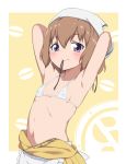  armpits arms_behind_head bikini blend_s blush breasts brown_hair bubukka clothes_around_waist collarbone covered_nipples eyebrows_visible_through_hair head_scarf hoshikawa_mafuyu looking_at_viewer micro_bikini mouth_hold navel open_clothes open_shirt purple_eyes ribbon ribbon_in_mouth shirt_around_waist short_hair small_breasts smile solo stile_uniform swimsuit yellow_background 