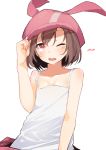  absurdres animal_ears animal_hat bangs bare_arms bare_shoulders brown_hair bunny_ears bunny_hat collarbone commentary_request eyebrows_visible_through_hair flying_sweatdrops hair_between_eyes hat highres kura_ekaki llenn_(sao) pink_hat red_eyes simple_background solo sword_art_online sword_art_online_alternative:_gun_gale_online tank_top white_background white_tank_top 