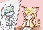 animal_ears bare_shoulders blonde_hair blush bow bowtie cat_ears drawing elbow_gloves eyebrows_visible_through_hair gloves highres hood hoodie kemono_friends multicolored_hair ouka_(yama) paper pencil sand_cat_(kemono_friends) short_hair snake_tail tail tsuchinoko_(kemono_friends) vest 