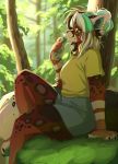  2018 5_fingers akitamonster anthro breasts clothed clothing day digital_media_(artwork) feline female forest green_eyes hair mammal outside sitting smile solo tree 