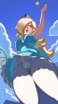  arm_up armpits ball bare_arms blonde_hair blue_dress blue_panties blue_sky blush breasts cameltoe cloud crown day dress earrings frilled_skirt frills from_below hair_over_one_eye hard-degenerate jewelry large_breasts lips long_hair mario_(series) mario_tennis mini_crown panties pantyhose parted_lips racket rosetta_(mario) see-through skirt sky sleeveless sleeveless_dress summer super_mario_bros. super_mario_galaxy sweat tennis tennis_ball tennis_racket underwear upskirt white_legwear wind wind_lift 