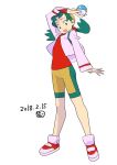  2018 :d aqua_eyes aqua_hair arm_up cropped_jacket crystal_(pokemon) dated full_body hat holding holding_poke_ball jacket legs_apart muneondo open_clothes open_jacket open_mouth poke_ball pokemon pokemon_(game) pokemon_gsc purple_jacket red_shirt shirt shoes shorts simple_background smile solo standing twintails white_background 
