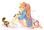  :d bare_legs barefoot bird blue_hoodie blue_skirt bow bunny chipmunk city_forest_online epidendrum_(flower_knight_girl) flower_knight_girl full_body hair_bow hair_ribbon long_hair looking_at_viewer mouse open_mouth orange_hair petals purple_bow purple_ribbon raccoon red_eyes ribbon side_ponytail simple_background sitting skirt smile solo squirrel very_long_hair white_background 