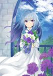  blush bouquet closed_mouth day eyebrows_visible_through_hair flower grey_hair highres holding holding_bouquet kavka long_hair long_sleeves looking_at_viewer multicolored_hair original outdoors purple_eyes purple_hair sky smile solo 