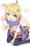  ahoge animal_ears bangs between_legs black_legwear blonde_hair blue_scarf blush brown_hair chisaki_tapris_sugarbell commentary_request dog_ears dog_girl dog_tail eyebrows_visible_through_hair flower gabriel_dropout gradient_hair green_eyes green_footwear hair_between_eyes hair_flower hair_ornament hand_between_legs hand_up highres kyuukon_(qkonsan) looking_at_viewer multicolored_hair neck_ribbon no_shoes open_mouth pantyhose plaid plaid_skirt pleated_skirt red_ribbon red_skirt ribbon scarf shirt short_sleeves sitting skirt solo sweater_vest tail wariza white_shirt 