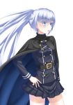  bangs belt belt_buckle black_belt black_cape black_jacket black_skirt blue_eyes breasts buckle cape commentary_request eyebrows_visible_through_hair eyes_visible_through_hair hair_over_one_eye jacket long_hair long_sleeves original parted_lips pleated_skirt sakaki_jin'ya silver_hair simple_background skirt small_breasts solo very_long_hair white_background 