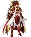  armor brown_eyes brown_hair commentary feathers fire_emblem fire_emblem_heroes fire_emblem_if full_body gloves highres holding holding_sword holding_weapon katana kita_senri long_coat long_hair male_focus mask official_art pants raijintou_(sword) red_armor ryouma_(fire_emblem_if) sheath solo spiked_hair sword transparent_background very_long_hair weapon white_coat white_pants 