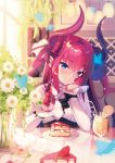  absurdres bangs bendy_straw blurry blurry_foreground blush bottle bug butterfly cake ceiling_light closed_mouth commentary_request corset crossed_bangs cup curled_horns day depth_of_field dragon_girl dragon_horns drinking_glass drinking_straw elizabeth_bathory_(fate) elizabeth_bathory_(fate)_(all) eyebrows_visible_through_hair fate/extra fate/extra_ccc fate_(series) flower food fork fruit hair_between_eyes hair_ribbon head_rest head_tilt highres holding holding_fork horns incoming_food indoors insect light_particles long_hair long_sleeves looking_at_viewer natsu97 orange orange_slice pink_hair plate pointy_ears purple_eyes purple_ribbon raised_eyebrow reflection ribbon shiny shiny_hair shirt sidelocks smile smug solo strawberry sunlight table two_side_up vase white_flower white_shirt window wine_bottle 