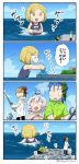  2girls 4koma :d animal asaya_minoru bangs bare_arms bare_shoulders black_pants blonde_hair blue_sky blue_swimsuit brown_eyes cigarette cloud comic day dress facial_scar fate/grand_order fate/stay_night fate/zero fate_(series) fish fishing_line fishing_rod fur-trimmed_jacket fur_trim giantess gilgamesh green_shirt hands_on_own_knees holding holding_fishing_rod horizon jack_the_ripper_(fate/apocrypha) jacket kelp lancer long_hair long_sleeves low_ponytail multiple_boys multiple_girls name_tag ocean octopus on_head one-piece_swimsuit open_mouth outdoors pants parted_bangs paul_bunyan_(fate/grand_order) ponytail print_shirt scar scar_across_eye scar_on_cheek school_swimsuit shirt short_sleeves silver_hair sitting sky sleeveless sleeveless_dress smile smoking speech_bubble standing swimsuit translated water wet wet_clothes wet_hair wet_jacket wet_shirt white_dress white_jacket you're_doing_it_wrong 