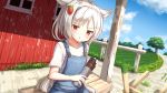  ame. animal_ears azur_lane barn blue_sky carrot_hair_ornament cloud collarbone commentary_request day dutch_angle fence field food_themed_hair_ornament hair_ornament holding long_hair looking_at_viewer montpelier_(azur_lane) outdoors overalls shirt short_sleeves silver_hair sitting sky solo thermos tree very_long_hair white_shirt 