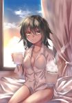  backlighting bangs bed_sheet blush bottomless breasts buttons cloud coffee coffee_mug collarbone collared_shirt commentary_request cup curtains dress_shirt green_eyes green_hair hair_between_eyes heterochromia holding holding_cup indoors kantai_collection kiso_(kantai_collection) light_particles long_sleeves looking_at_viewer loose_clothes loose_shirt messy_hair midriff_peek mug naked_shirt no_bra shirt signature sitting smile solo steam sunset white_shirt window yellow_eyes yuihira_asu 
