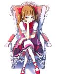  aisaki_emiru bangs blunt_bangs blush bow bowtie brown_hair chair commentary crossed_legs dress elbow_on_knee frilled_dress frills frown full_body hair_bow hugtto!_precure long_hair precure puffy_short_sleeves puffy_sleeves red_eyes red_footwear sad shoes short_sleeves simple_background sitting sketch solo thighhighs tokeshi twintails white_background 