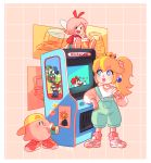 2girls absurdres against_glass alternate_costume arcade_cabinet arm_rest artist_name baseball_cap blonde_hair blue_eyes casual character_request closed_eyes closed_mouth commentary company_name contemporary crown cup drinking drinking_straw eyebrows_visible_through_hair facial_hair fairy_wings full_body game_boy game_boy_advance_sp hand_up handheld_game_console hat heart height_difference highres holding holding_cup kirby kirby_(series) long_sleeves looking_at_another luigi mario mario_(series) mario_bros. miniboy multiple_girls mustache nintendo nintendo_ds open_mouth overalls pink_hair ponytail poster_(object) princess_peach ribbon_(kirby) riu-sen shoes shorts sitting smile sneakers standing super_mario_bros. sweater upper_teeth wings 