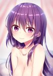  bangs blurry blurry_background blush breasts cleavage closed_mouth collarbone commentary_request curtains depth_of_field eyebrows_visible_through_hair gochuumon_wa_usagi_desu_ka? hair_between_eyes head_tilt highres long_hair looking_at_viewer medium_breasts nude piripun purple_eyes purple_hair smile solo tedeza_rize 