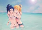  alternate_hairstyle ayase_eli bangs bikini blonde_hair blue_hair closed_eyes commentary_request day hair_between_eyes hand_on_another's_cheek hand_on_another's_face long_hair love_live! love_live!_school_idol_project midriff multiple_girls navel ocean one_eye_closed outdoors ponytail scrunchie side-tie_bikini smile sonoda_umi suito swimsuit wading water white_scrunchie yellow_eyes yuri 