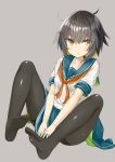  black_hair black_legwear blonde_hair blue_skirt blush collarbone eyebrows_visible_through_hair kavka looking_at_viewer multicolored_hair neckerchief original pantyhose red_neckwear short_hair sitting skirt solo yellow_eyes 