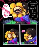 ambiguous_gender black_eyes brown_hair clothed clothing crying duo english_text evil_grin eyes_closed flora_fauna flower flowey_the_flower hair hi_res hug human mammal not_furry plant protagonist_(undertale) sitting smile speech_bubble sweat sweatdrop tears text thatonegojimun undertale video_games 