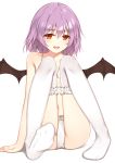  :d ass bare_arms bare_shoulders bat_wings black_wings bow bow_panties bra collarbone commentary eyebrows_visible_through_hair fangs flan_(seeyouflan) full_body hair_between_eyes highres ke-ta_(style) knees_up lavender_hair leg_garter looking_at_viewer navel no_hat no_headwear no_shoes open_mouth panties red_eyes remilia_scarlet short_hair simple_background sitting smile soles solo stomach teeth thighhighs touhou underwear underwear_only white_background white_bow white_bra white_legwear white_panties wings 