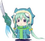  =_= blue_jacket bow chibi fate/grand_order fate_(series) green_hair hair_bow hood hoodie horns jacket kiyohime_(fate/grand_order) long_hair long_sleeves naginata polearm sen_(astronomy) simple_background solo triangle_mouth weapon white_background yellow_bow 