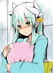  blush fate/grand_order fate_(series) green_hair holding holding_pillow horns japanese_clothes kimono kiyohime_(fate/grand_order) long_hair long_sleeves open_mouth pillow sen_(astronomy) solo sweat yellow_eyes 