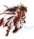  armor attack brown_eyes brown_hair commentary feathers fire_emblem fire_emblem_heroes fire_emblem_if full_body gloves highres holding holding_sword holding_weapon katana kita_senri lips long_coat long_hair male_focus mask official_art pants raijintou_(sword) red_armor ryouma_(fire_emblem_if) serious sheath solo spiked_hair sword transparent_background very_long_hair weapon white_coat white_pants 