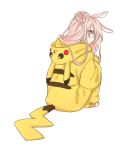  animal_ears bad_id bad_pixiv_id bangs blush bunny_ears cosplay hinomiya_(wls0910) hood hood_down kigurumi knees_up long_hair long_sleeves looking_back original pikachu pikachu_costume pink_eyes pink_hair pokemon side_bun simple_background sitting solo tail white_background 